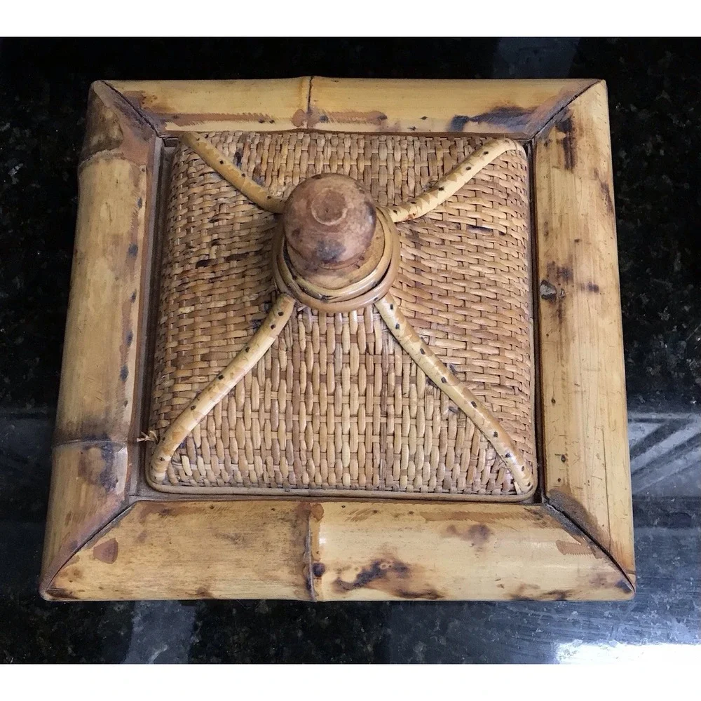 Vintage Wicker Rattan Scorched Bamboo Storage Box With Lid Planter